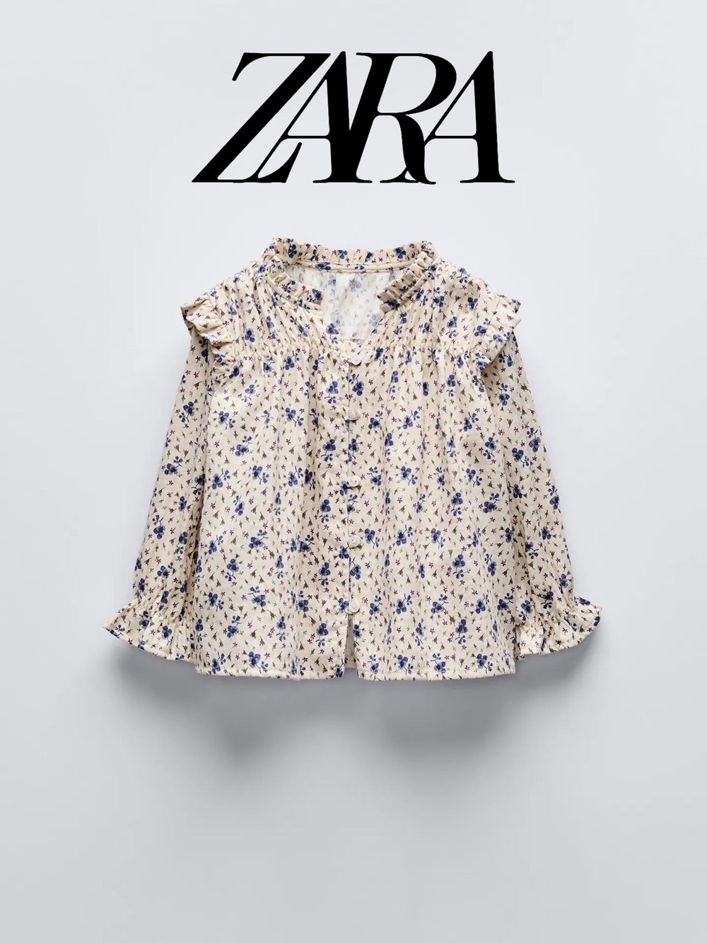 ZARA Girls Floral Button-Front Blouse - Cream with Blue Flowers